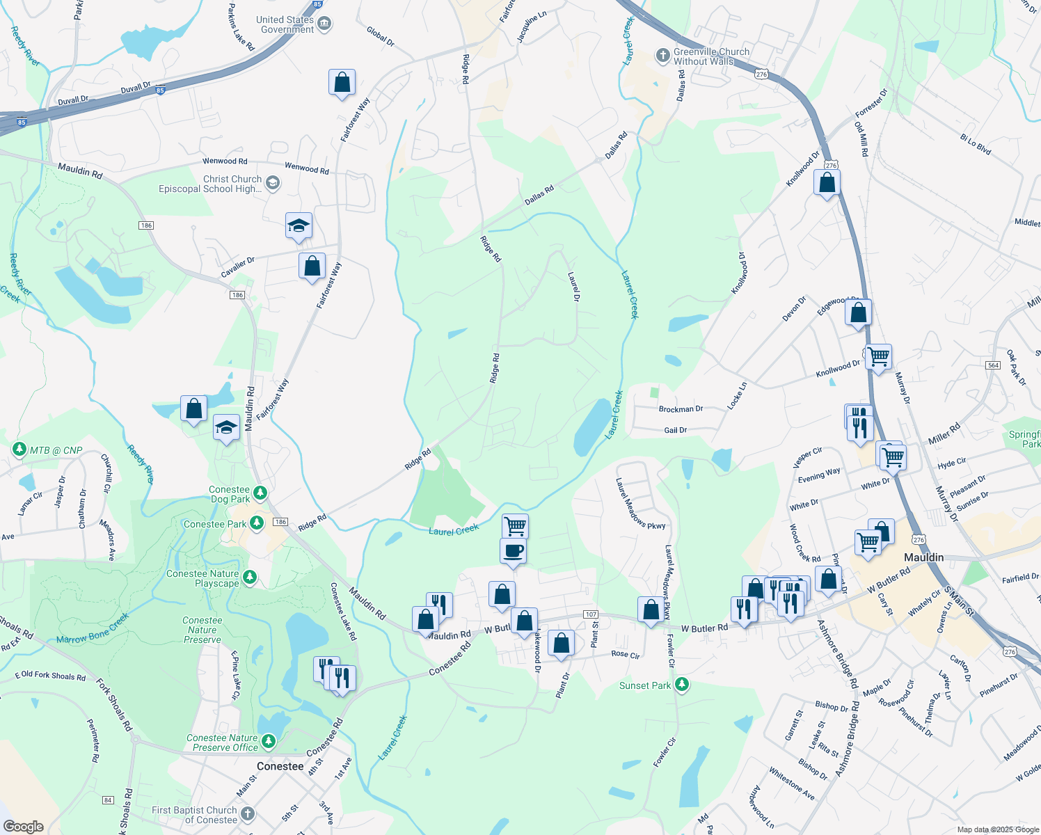 map of restaurants, bars, coffee shops, grocery stores, and more near 1307 Loblolly Circle in Greenville