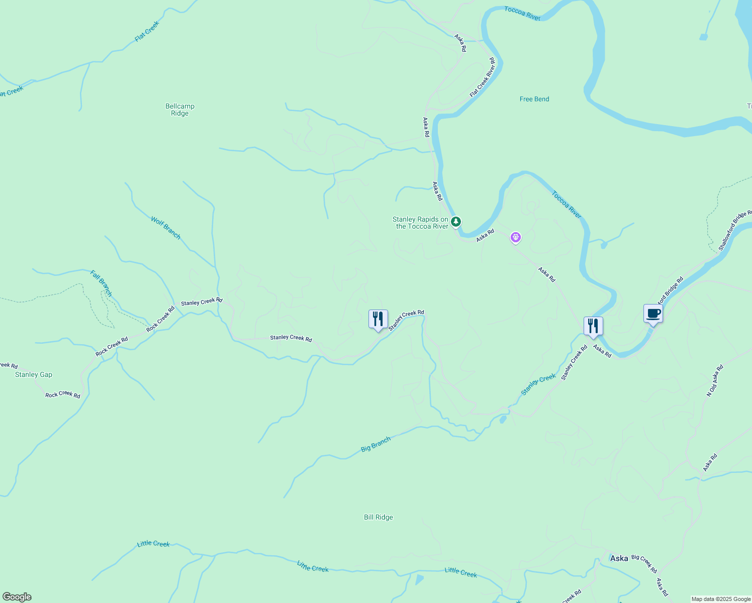 map of restaurants, bars, coffee shops, grocery stores, and more near 131 Forest Branch Trail in Cherry Log