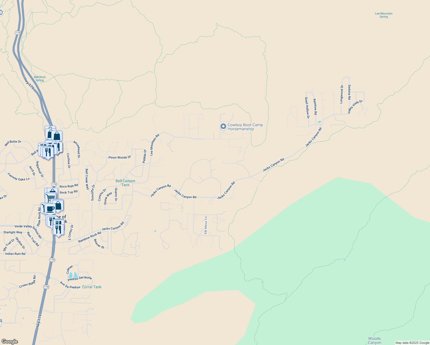 map of restaurants, bars, coffee shops, grocery stores, and more near 45 Granite Mountain Road in Sedona