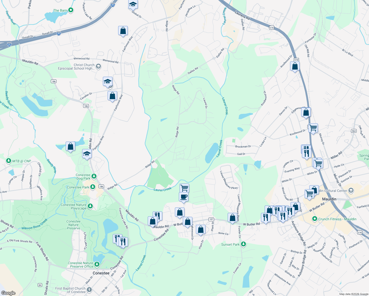 map of restaurants, bars, coffee shops, grocery stores, and more near 1307 Loblolly Circle in Greenville