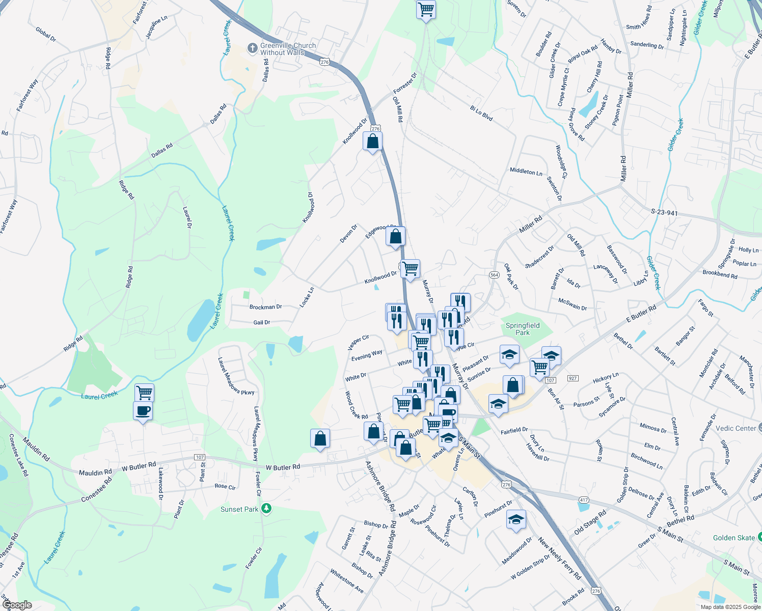 map of restaurants, bars, coffee shops, grocery stores, and more near 123 Kingsley Drive in Mauldin