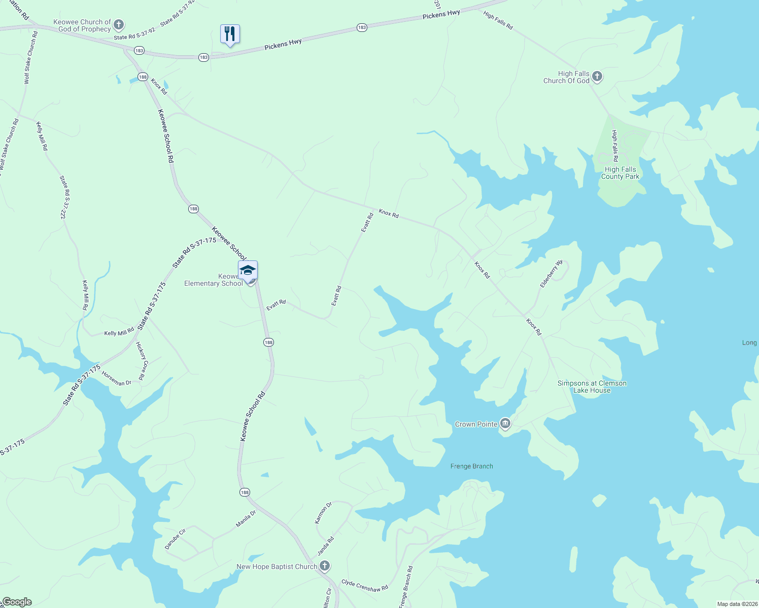 map of restaurants, bars, coffee shops, grocery stores, and more near 305 Stardust Lane in Seneca