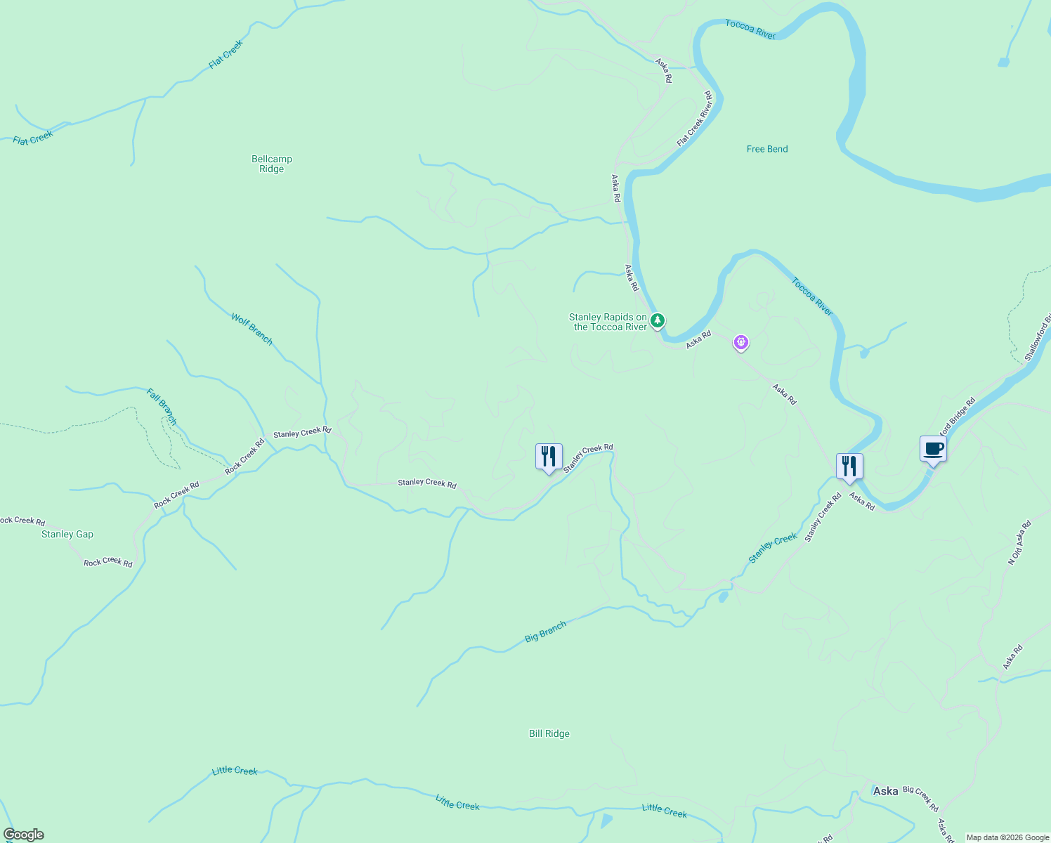 map of restaurants, bars, coffee shops, grocery stores, and more near 104 Forest Branch Trail in Cherry Log