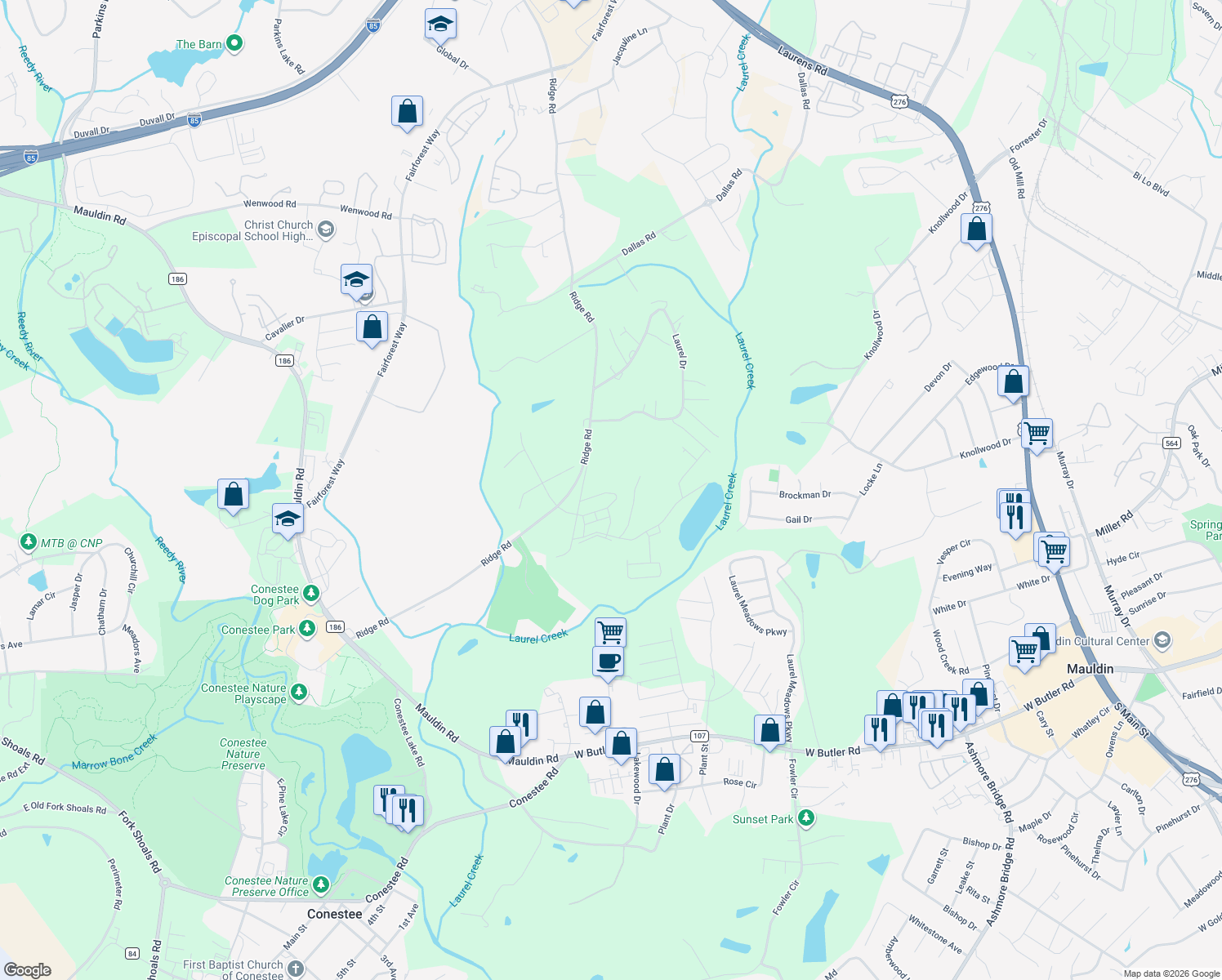 map of restaurants, bars, coffee shops, grocery stores, and more near 1307 Loblolly Circle in Greenville