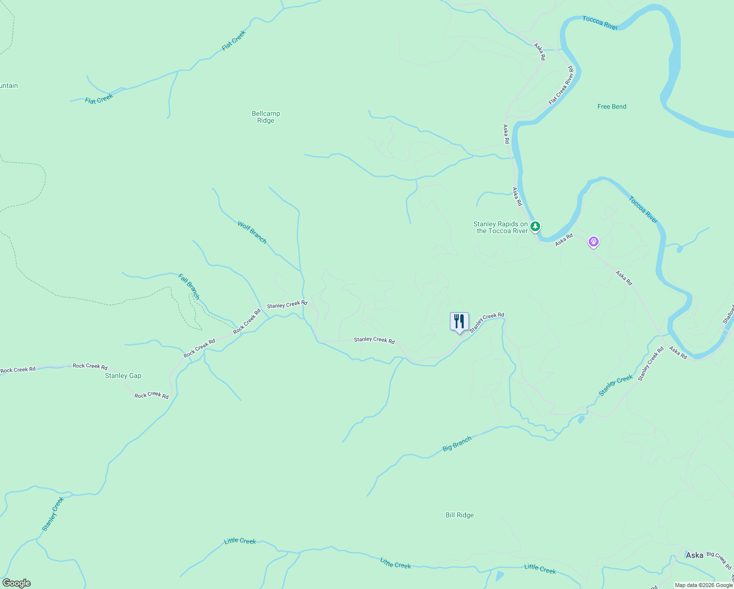 map of restaurants, bars, coffee shops, grocery stores, and more near 101 Falling Rock Road in Blue Ridge