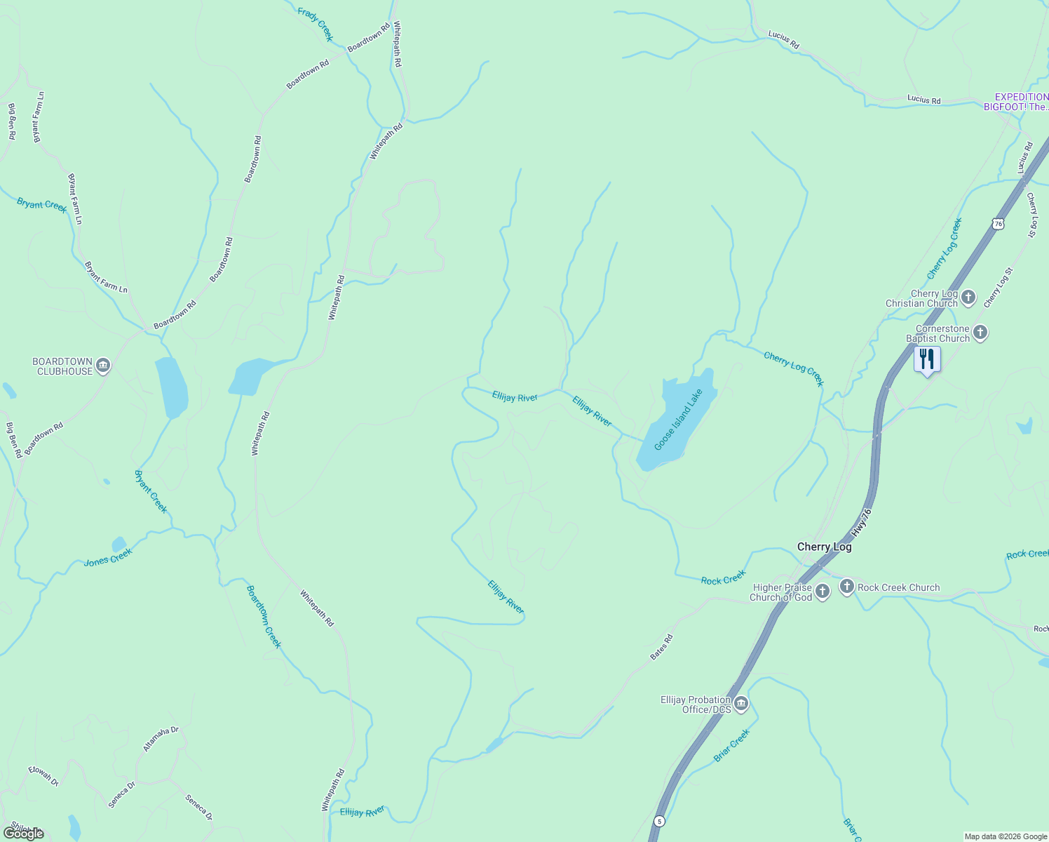 map of restaurants, bars, coffee shops, grocery stores, and more near 417 Whispering Pine Lane in Cherry Log