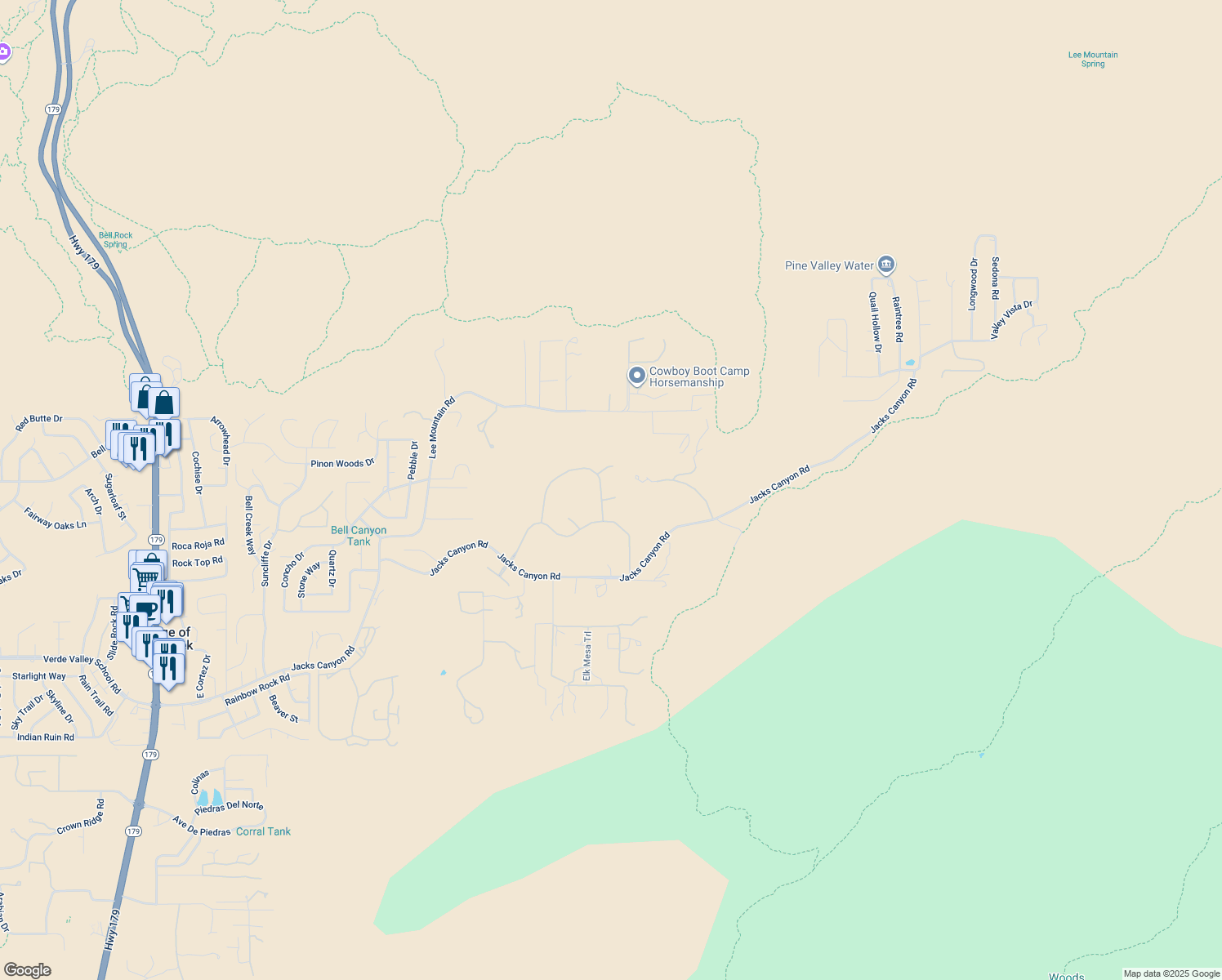 map of restaurants, bars, coffee shops, grocery stores, and more near 45 Granite Mountain Road in Sedona