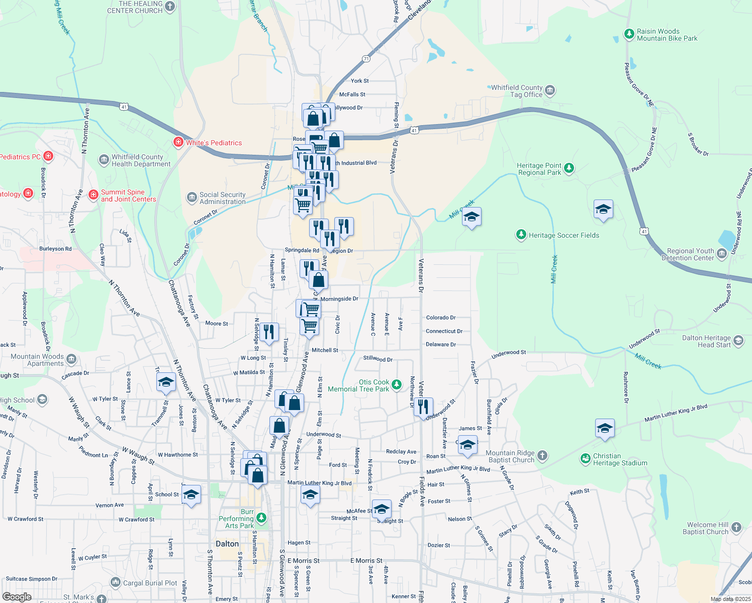 map of restaurants, bars, coffee shops, grocery stores, and more near 1493 Hale Bowen Drive in Dalton