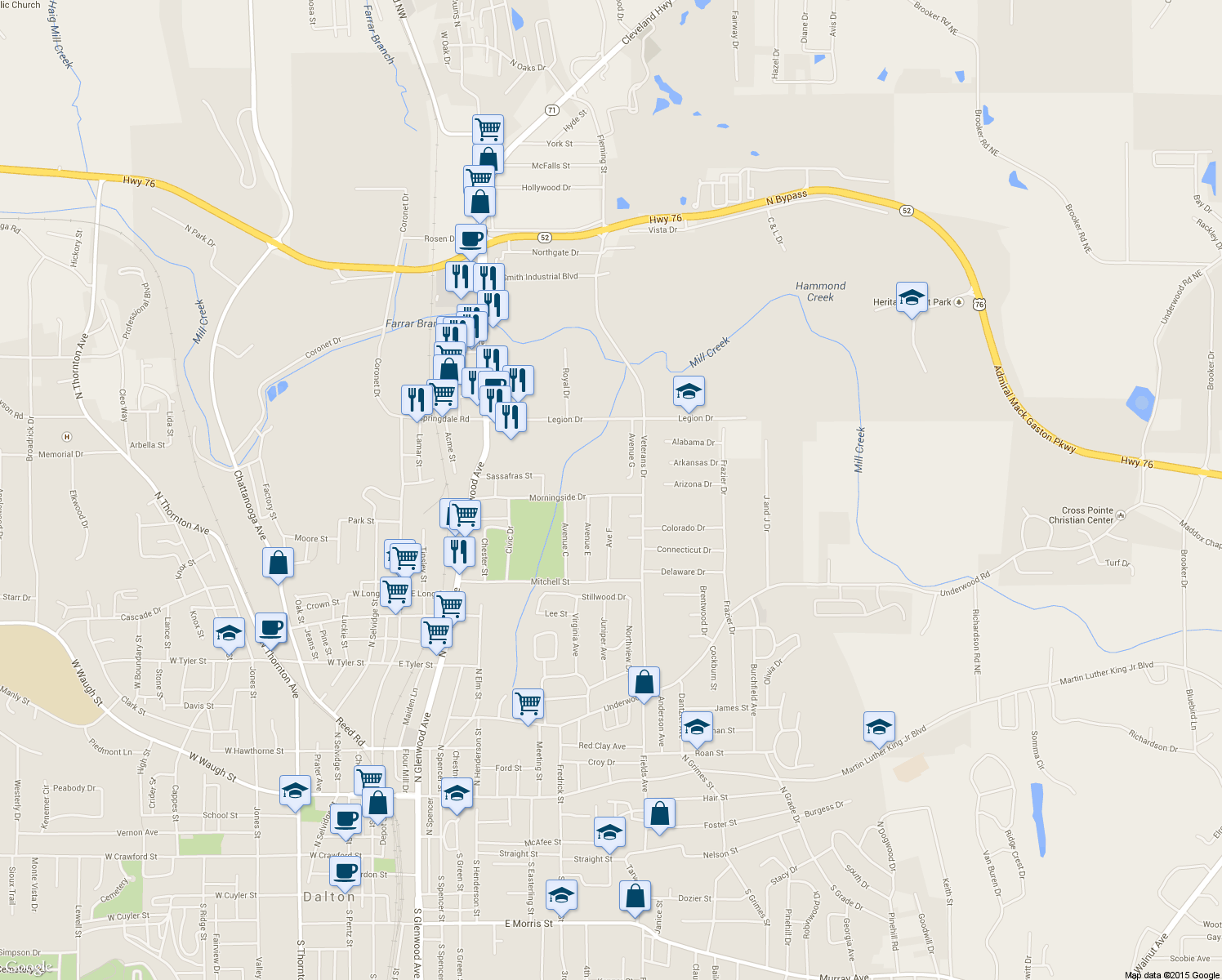 map of restaurants, bars, coffee shops, grocery stores, and more near 717 Morningside Drive in Dalton