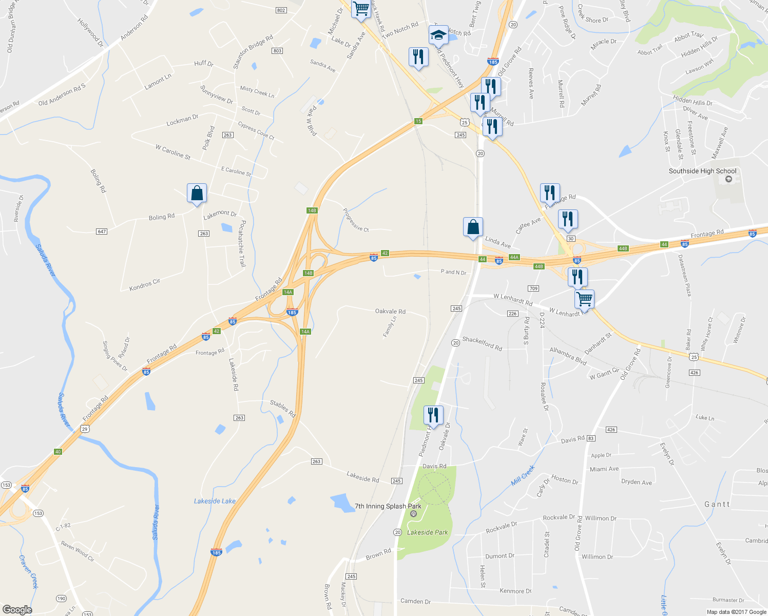 map of restaurants, bars, coffee shops, grocery stores, and more near 130 Oakvale Road in Greenville