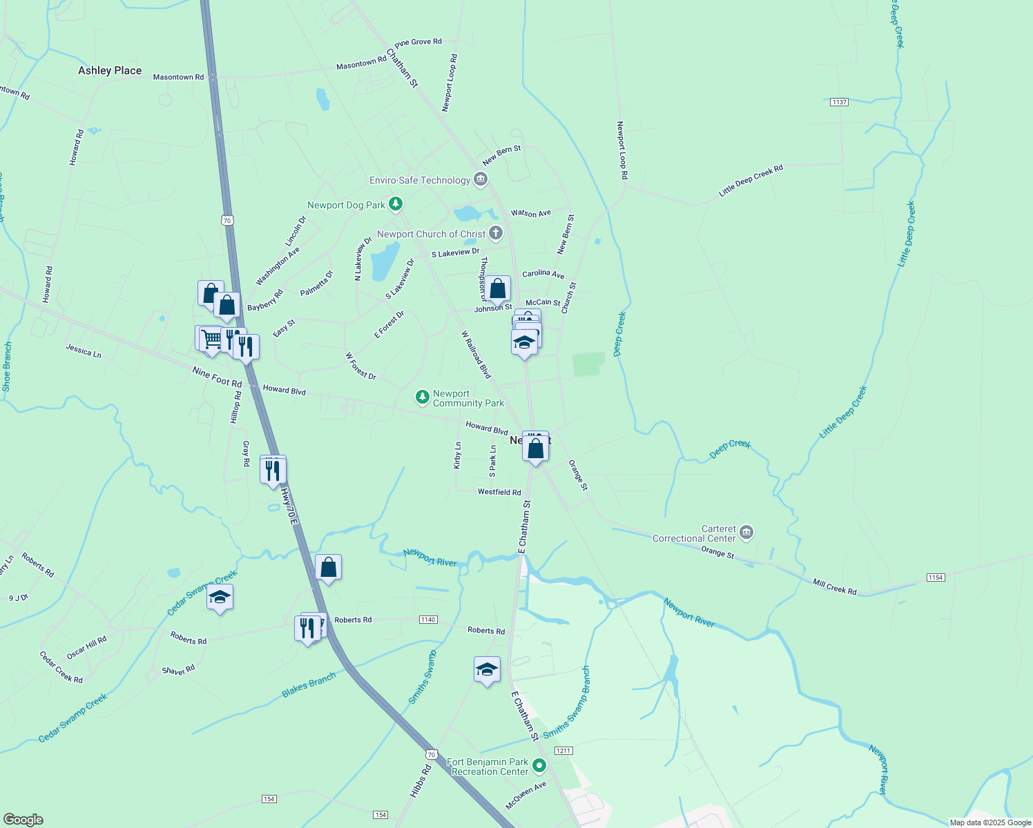 map of restaurants, bars, coffee shops, grocery stores, and more near E Railroad Blvd in Newport