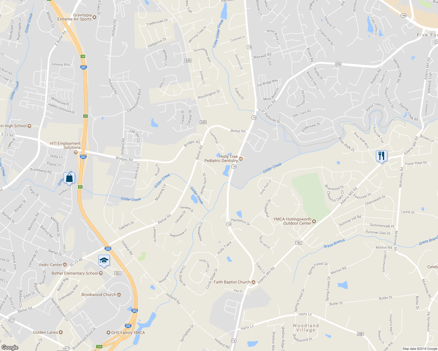 map of restaurants, bars, coffee shops, grocery stores, and more near 215 Old Town Way in Simpsonville