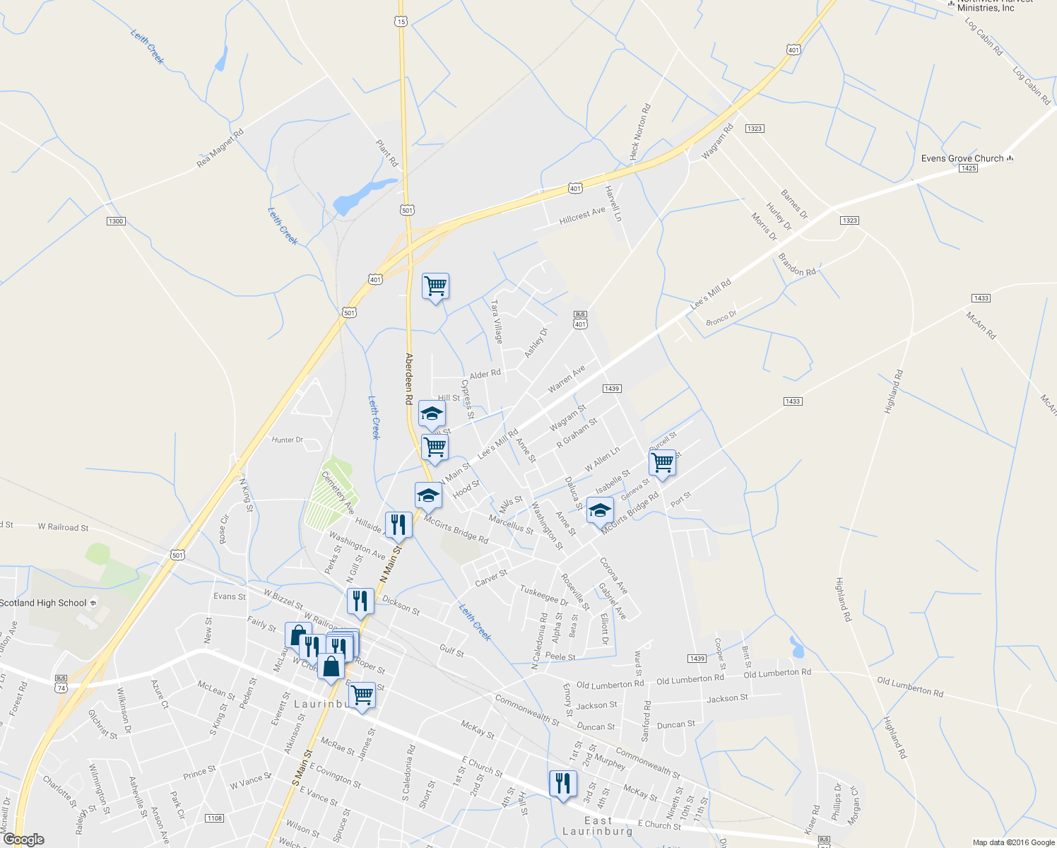 map of restaurants, bars, coffee shops, grocery stores, and more near 401 Lee's Mill Rd in Laurinburg