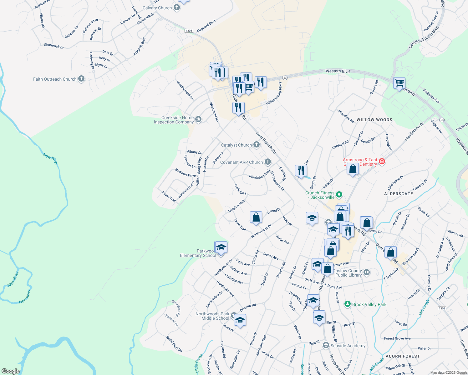 map of restaurants, bars, coffee shops, grocery stores, and more near 219 Iverleigh Ln in Jacksonville