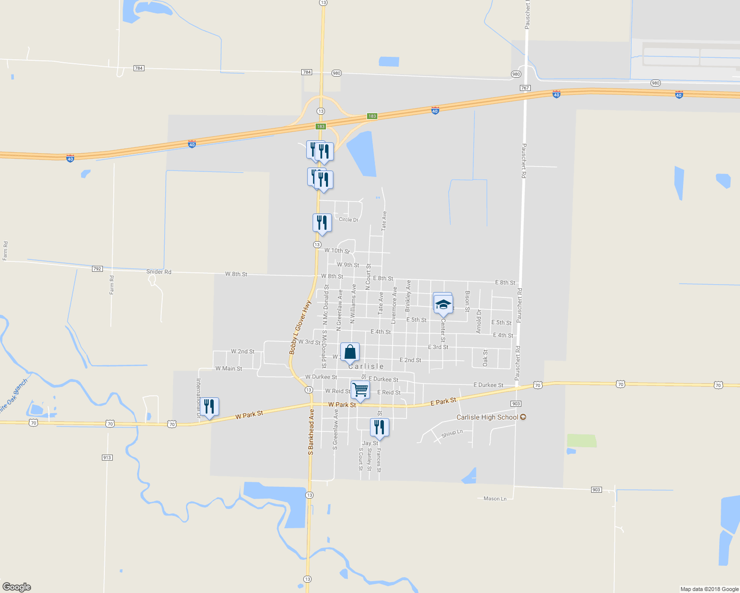 map of restaurants, bars, coffee shops, grocery stores, and more near 612 North Court Street in Carlisle