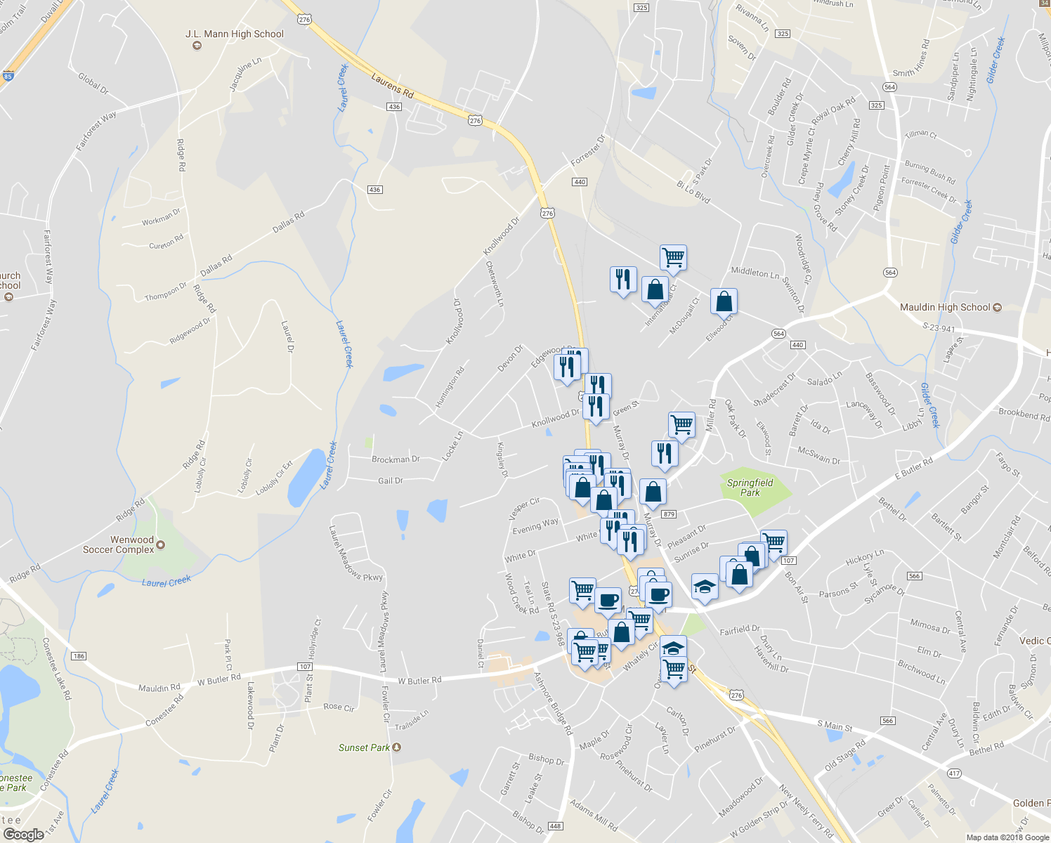 map of restaurants, bars, coffee shops, grocery stores, and more near 109 Braddock Dr in Mauldin