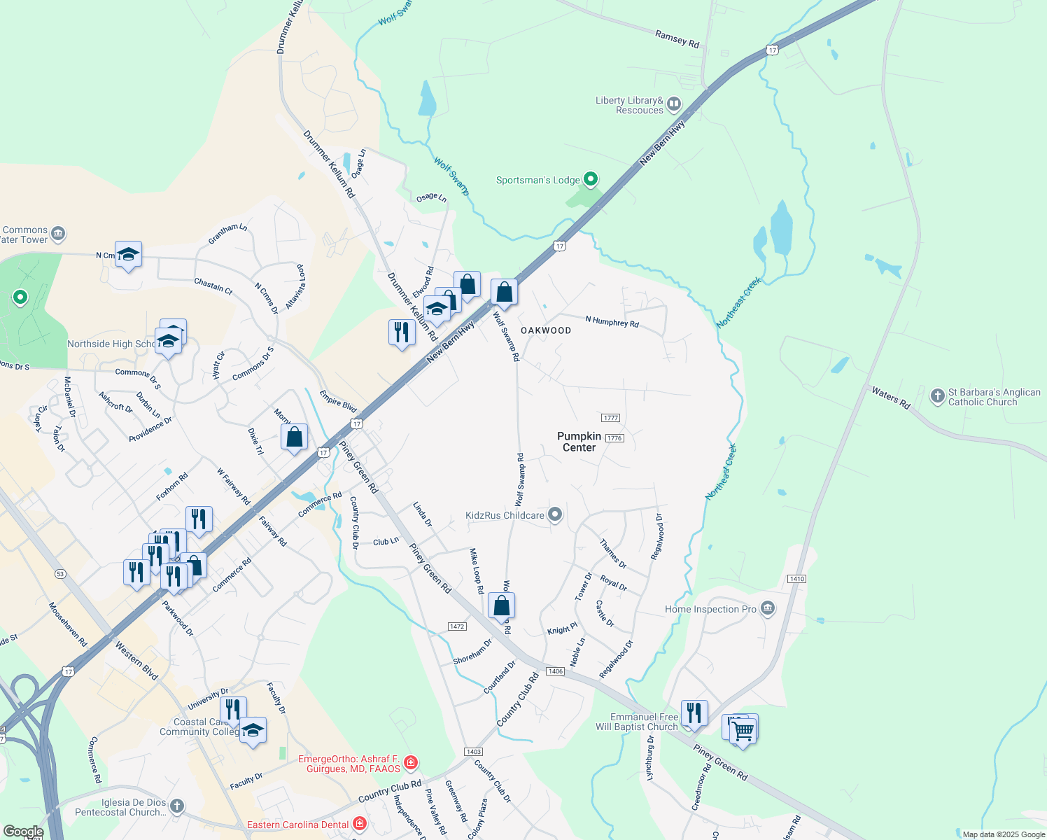 map of restaurants, bars, coffee shops, grocery stores, and more near 1185 Wolf Swamp Road in Jacksonville