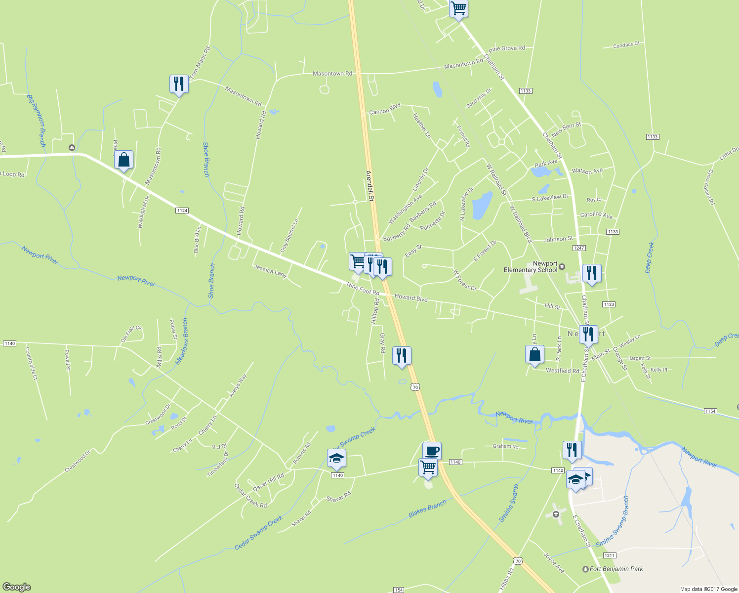 map of restaurants, bars, coffee shops, grocery stores, and more near 175 Nine Foot Road in Newport