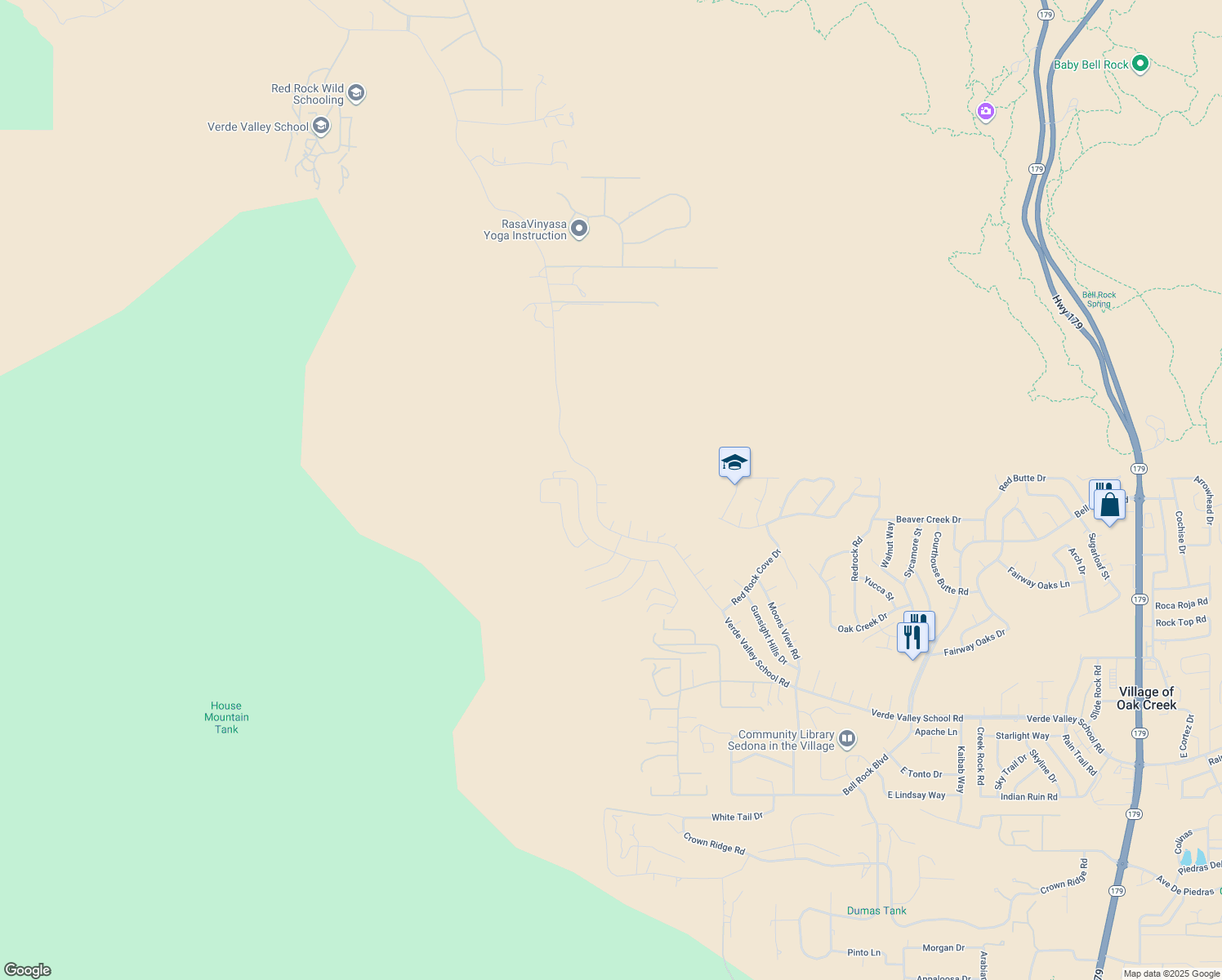 map of restaurants, bars, coffee shops, grocery stores, and more near 30 Dragoon Way in Sedona