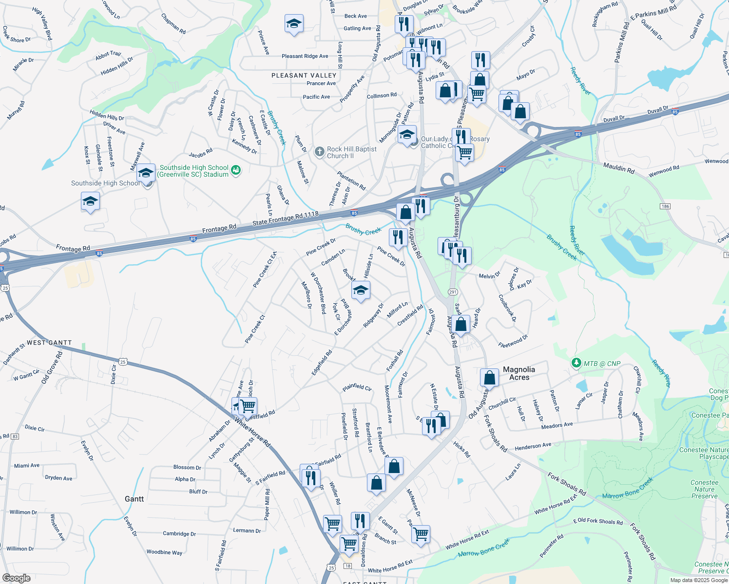 map of restaurants, bars, coffee shops, grocery stores, and more near 11 Brookforest Drive in Greenville