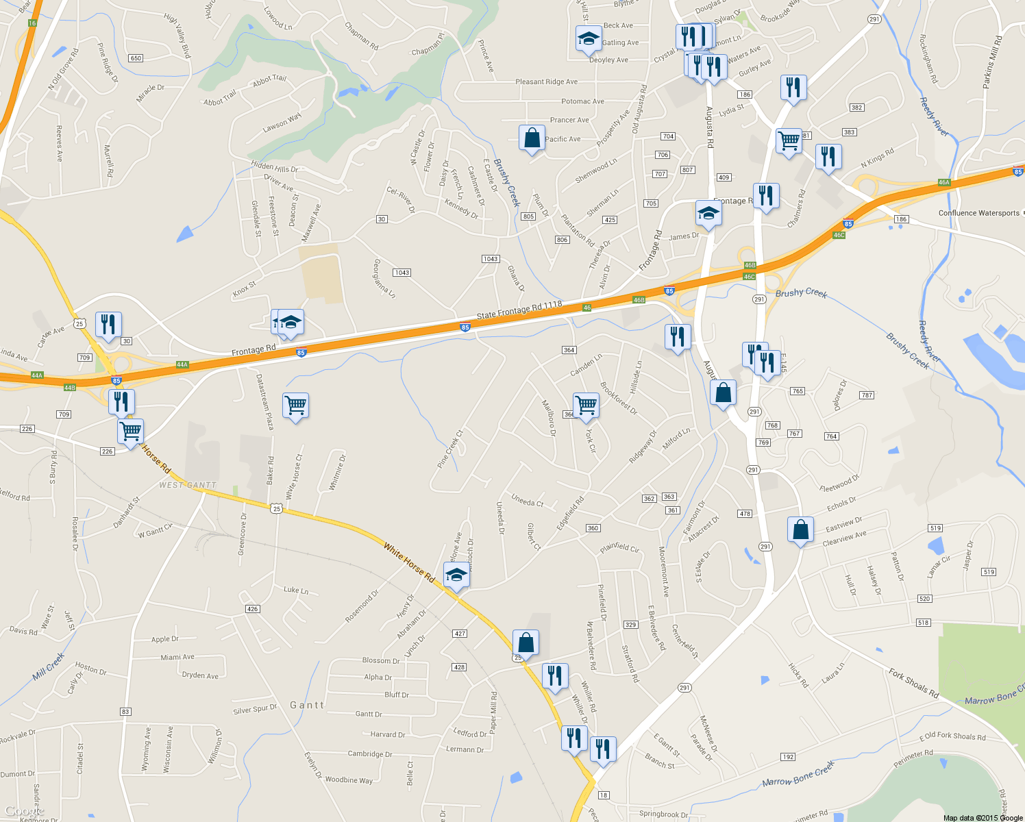 map of restaurants, bars, coffee shops, grocery stores, and more near 819 Pine Creek Drive in Greenville