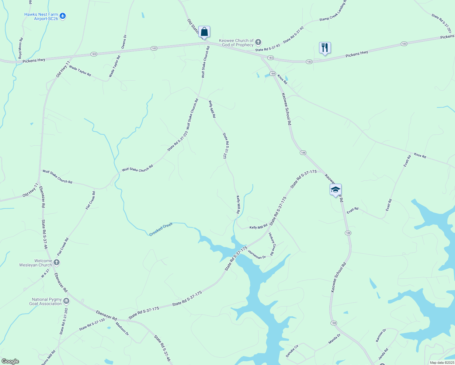 map of restaurants, bars, coffee shops, grocery stores, and more near 282 Kelly Mill Road in Seneca