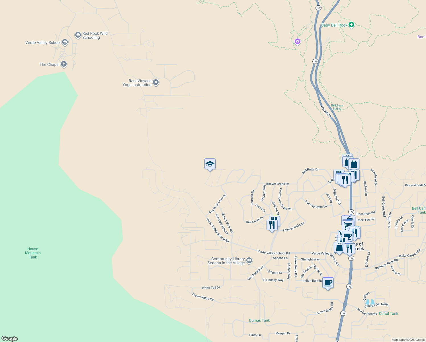 map of restaurants, bars, coffee shops, grocery stores, and more near 75 Box Canyon Road in Sedona