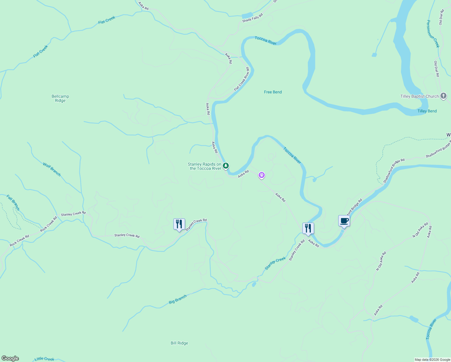 map of restaurants, bars, coffee shops, grocery stores, and more near 283 River Bend Lane in Blue Ridge
