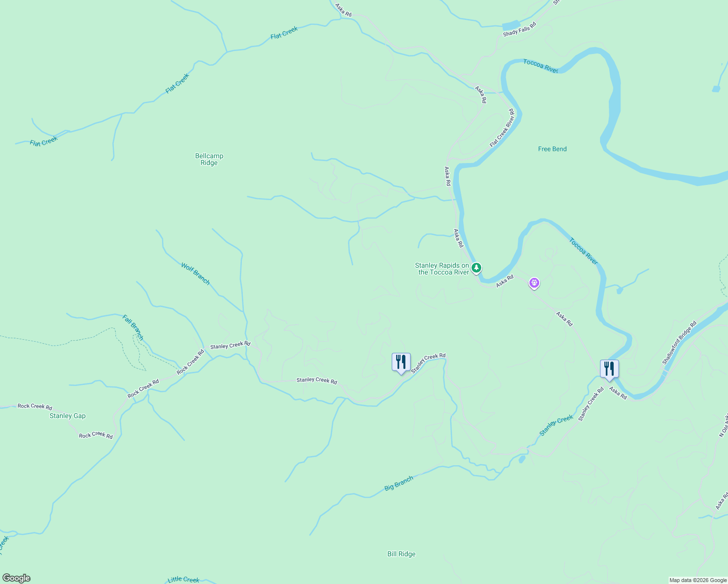 map of restaurants, bars, coffee shops, grocery stores, and more near 135 Bandit Lane in Blue Ridge