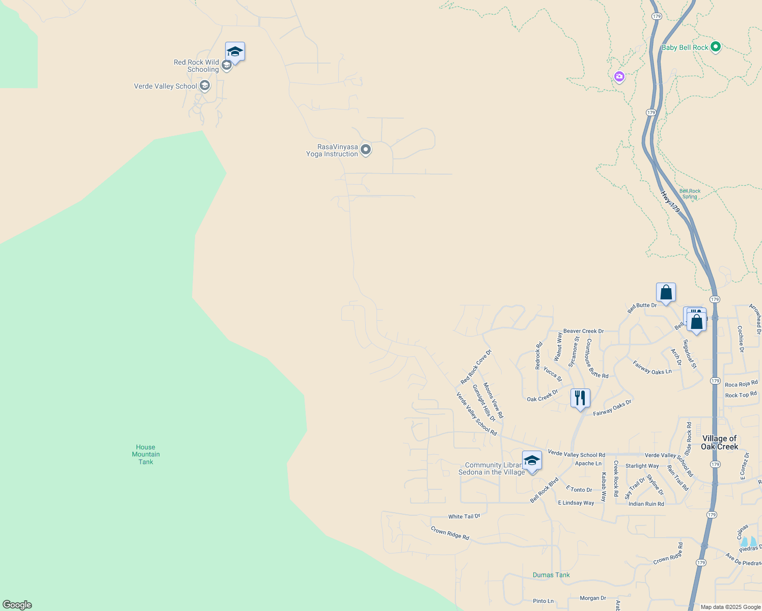 map of restaurants, bars, coffee shops, grocery stores, and more near 30 Dragoon Way in Sedona