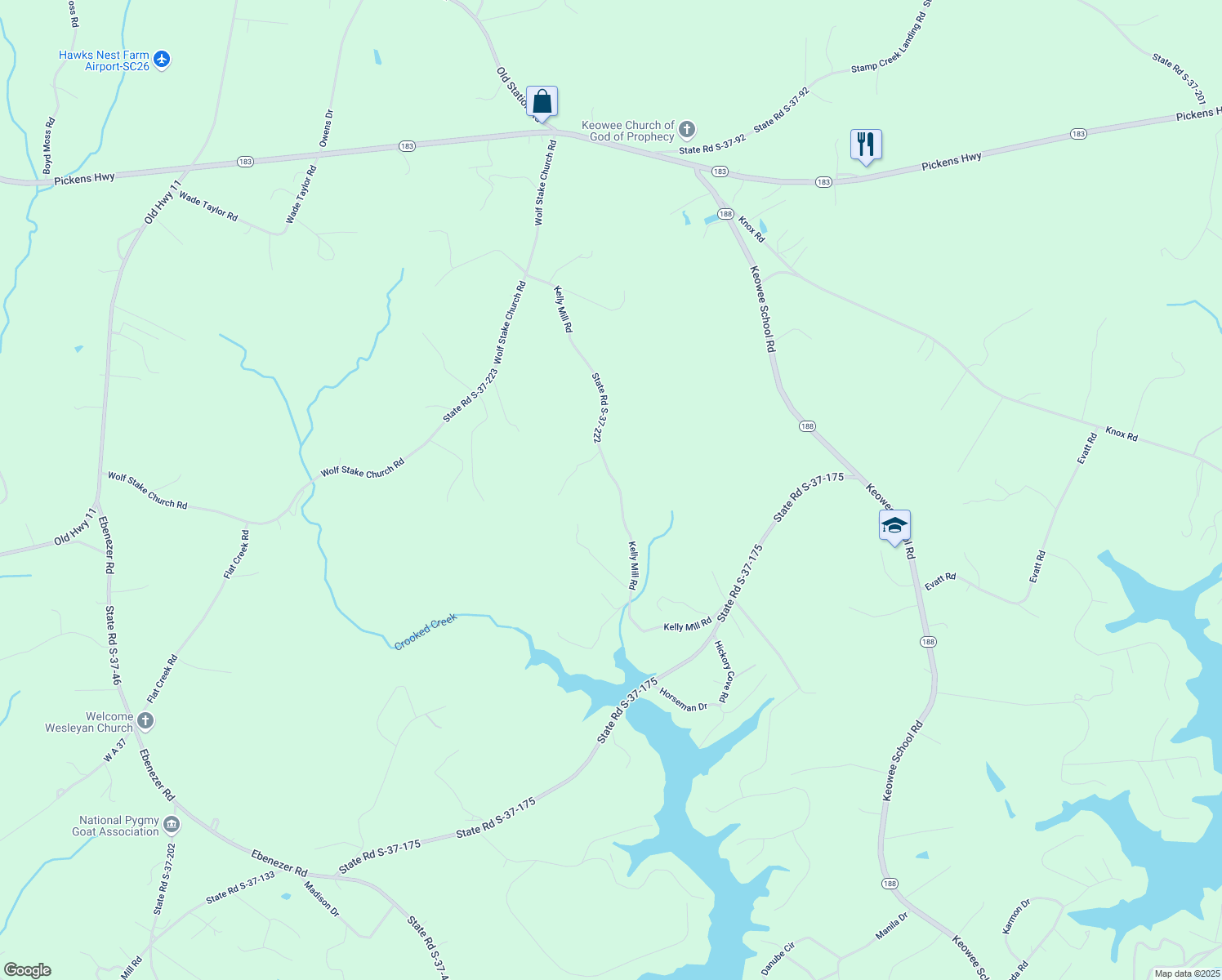 map of restaurants, bars, coffee shops, grocery stores, and more near 282 Kelly Mill Road in Seneca