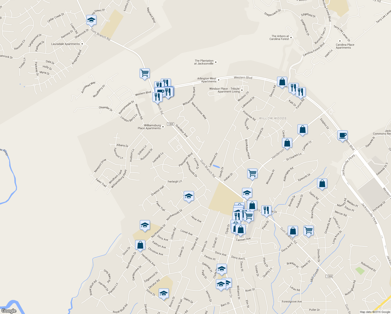 map of restaurants, bars, coffee shops, grocery stores, and more near 1022 Foscue Drive in Jacksonville