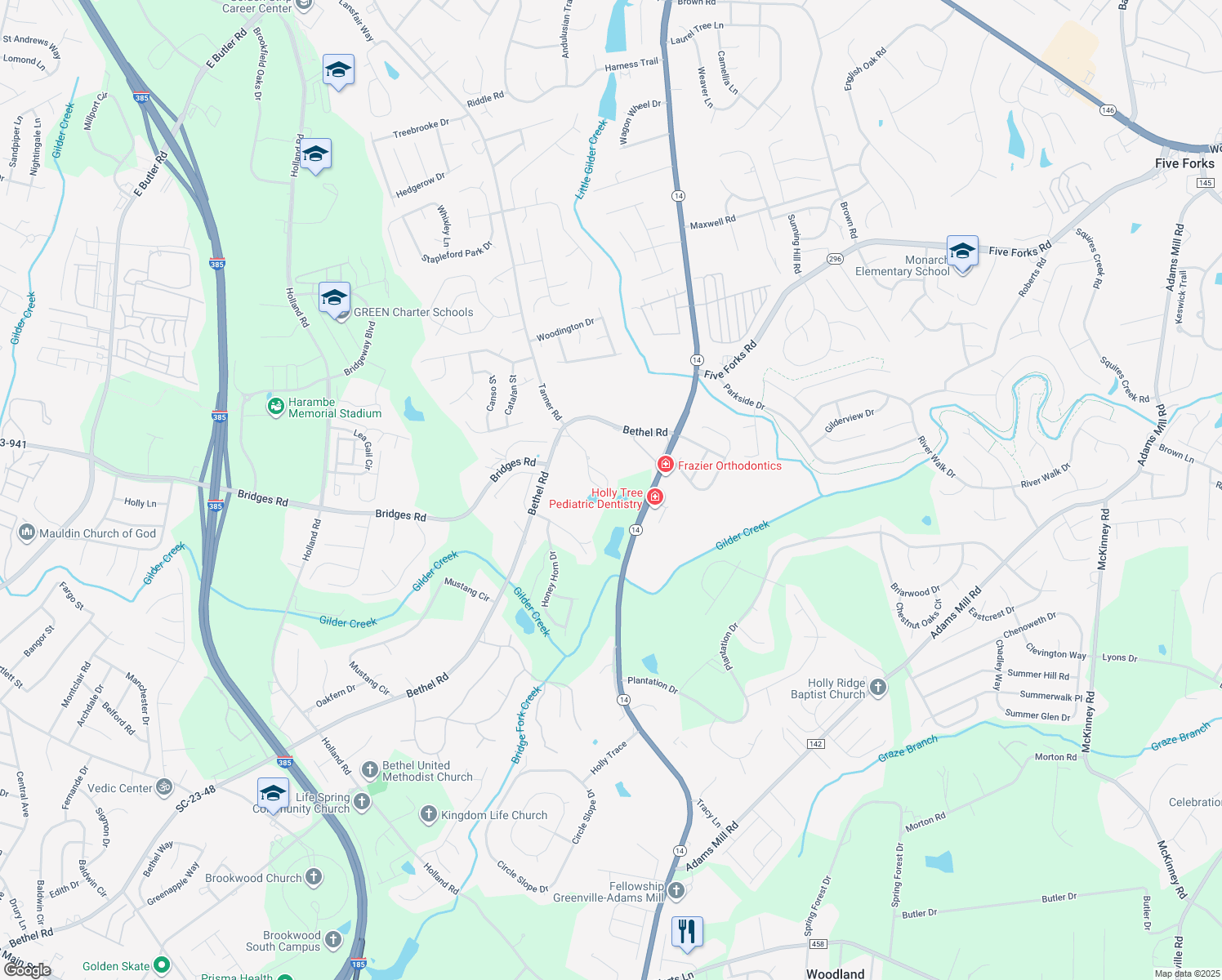 map of restaurants, bars, coffee shops, grocery stores, and more near 73 Trentwood in Simpsonville