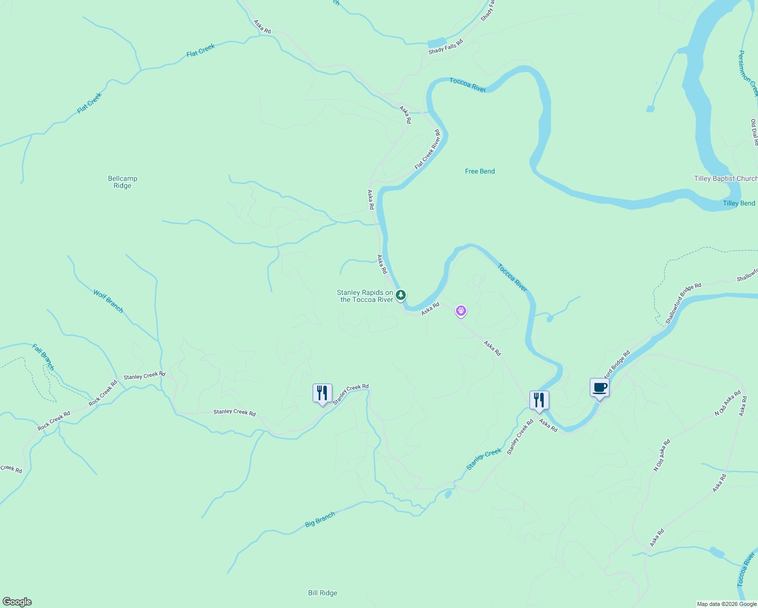 map of restaurants, bars, coffee shops, grocery stores, and more near 260 River Bend Lane in Blue Ridge