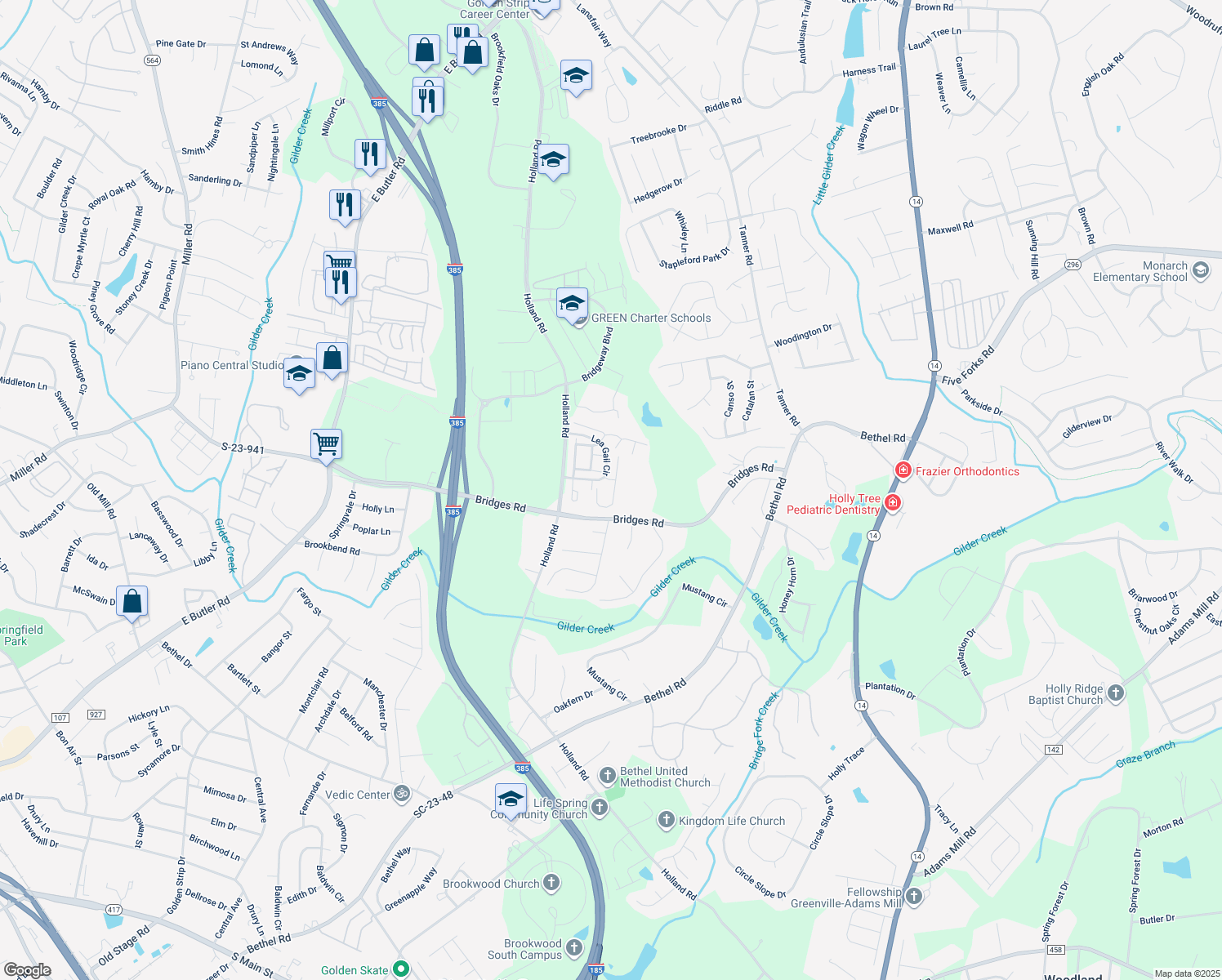 map of restaurants, bars, coffee shops, grocery stores, and more near 204 Teaticket Court in Simpsonville