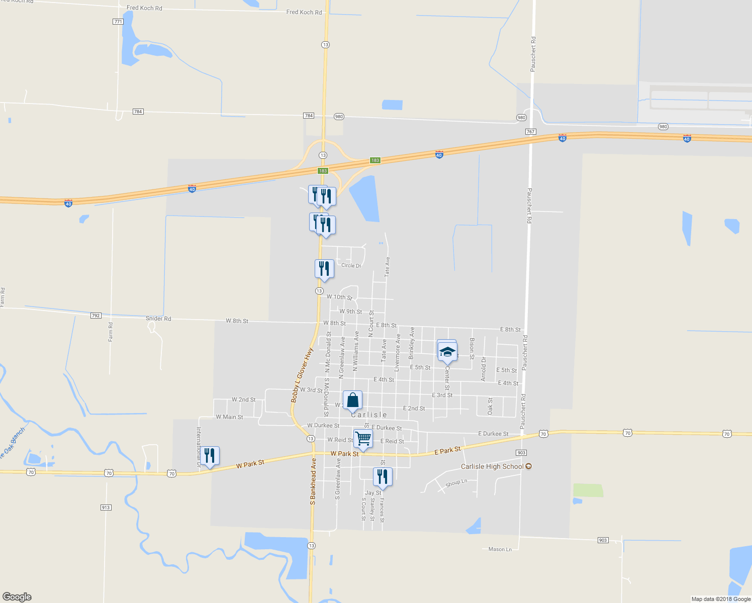 map of restaurants, bars, coffee shops, grocery stores, and more near 109 East 10th Street in Carlisle