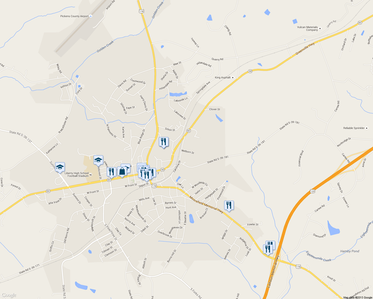 map of restaurants, bars, coffee shops, grocery stores, and more near 7 Welborn St in Liberty