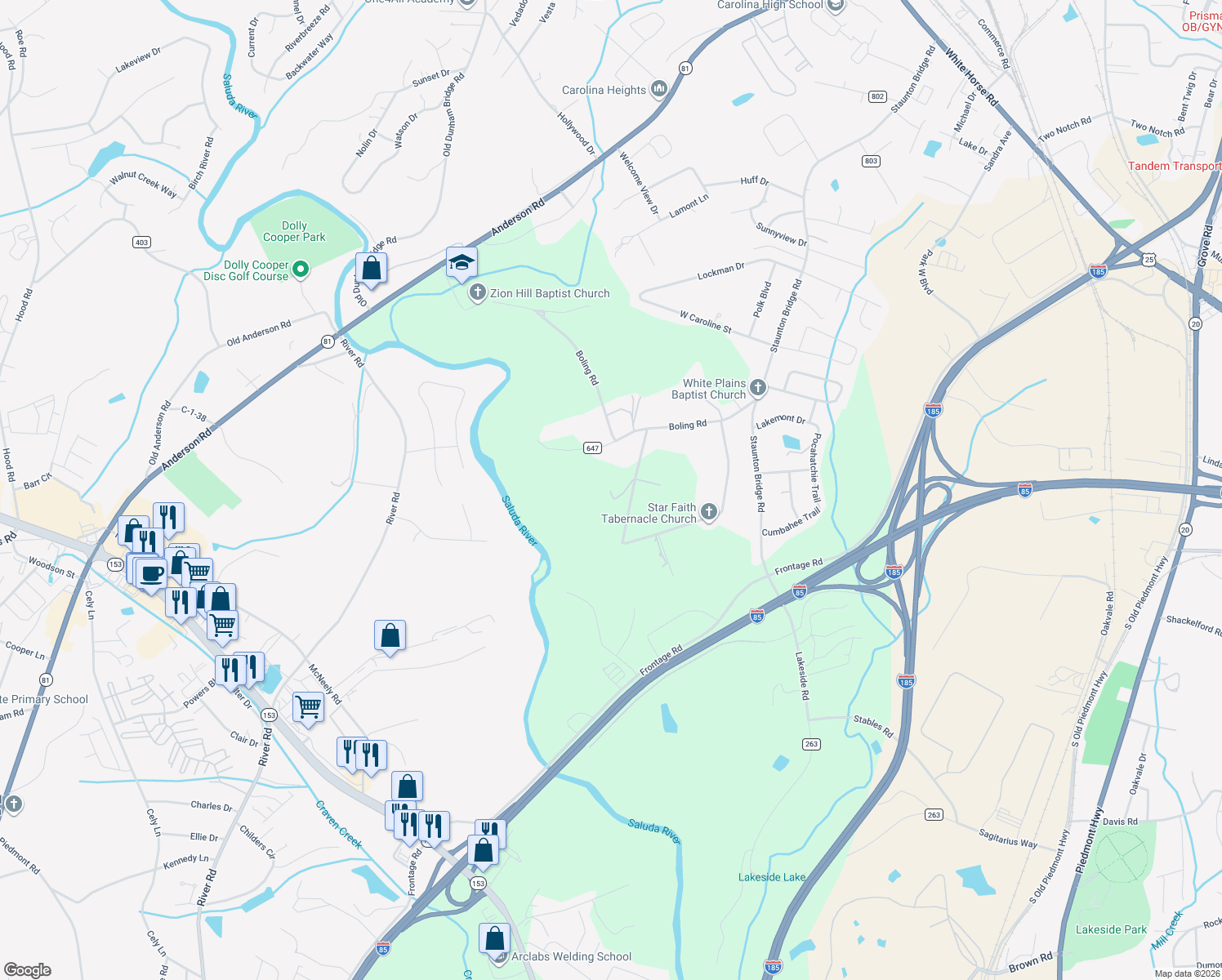 map of restaurants, bars, coffee shops, grocery stores, and more near 227 Kondros Circle in Greenville