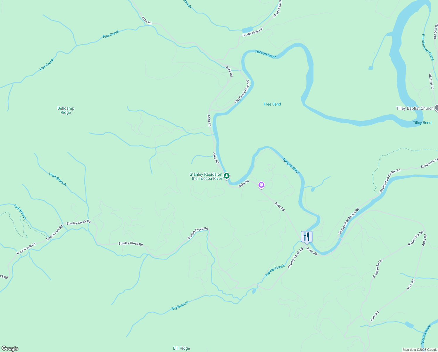 map of restaurants, bars, coffee shops, grocery stores, and more near 260 River Bend Lane in Blue Ridge