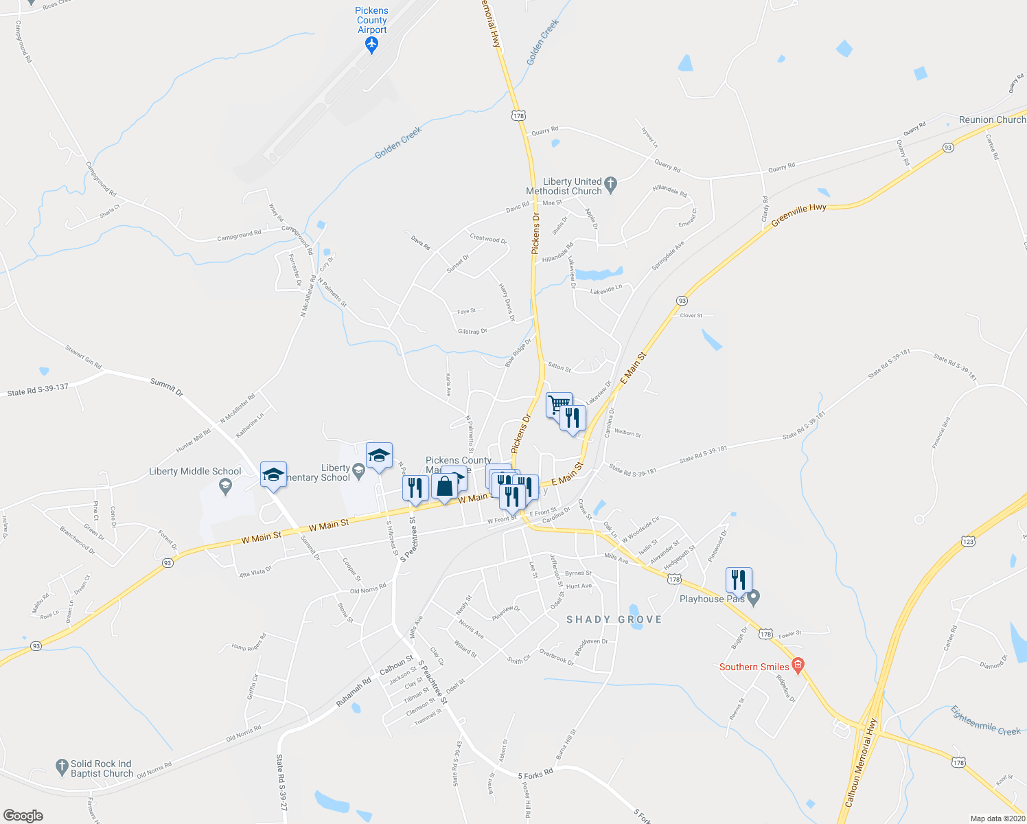 map of restaurants, bars, coffee shops, grocery stores, and more near 25 Highland Terrace in Liberty