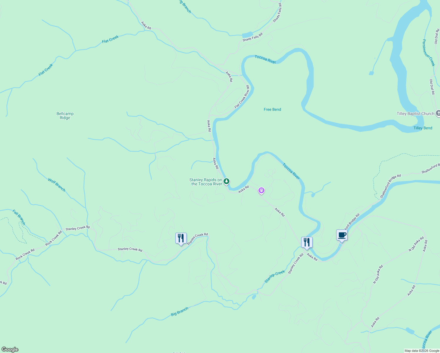 map of restaurants, bars, coffee shops, grocery stores, and more near 20 River Bend Lane in Blue Ridge