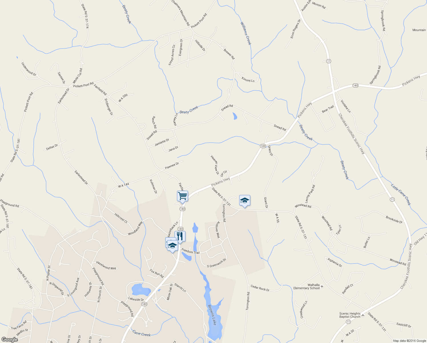 map of restaurants, bars, coffee shops, grocery stores, and more near 203 Heaven View Drive in Walhalla