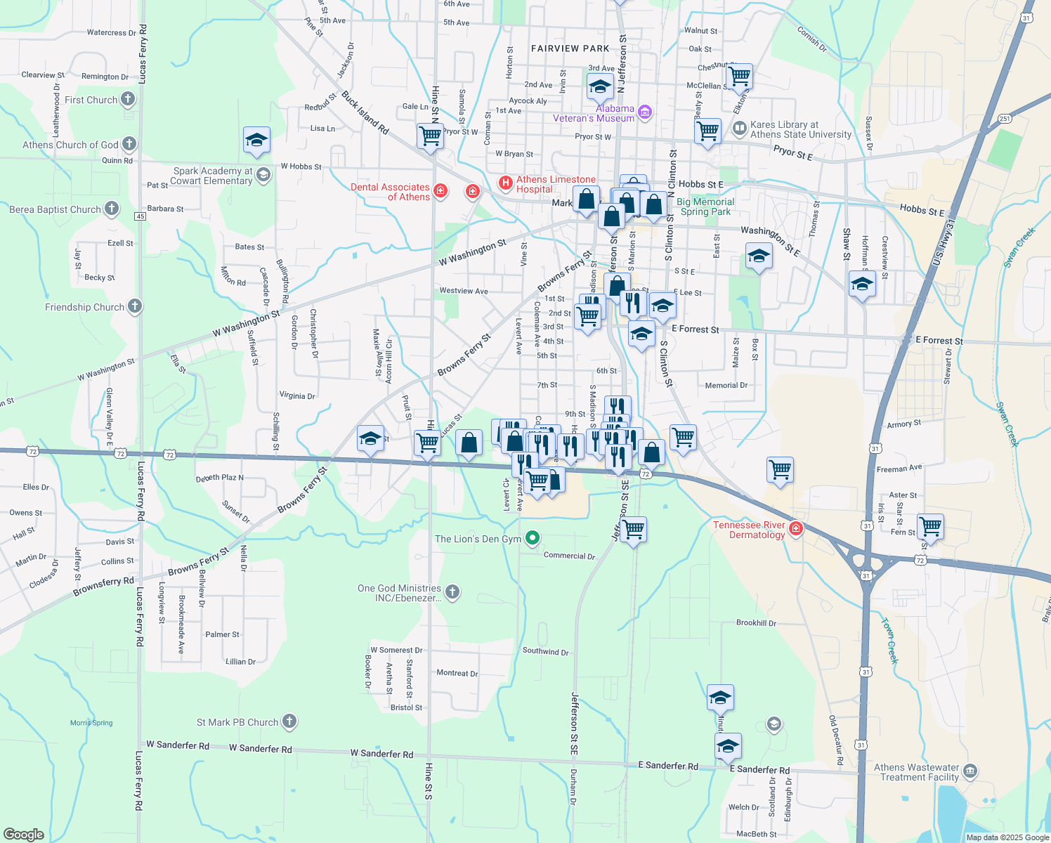 map of restaurants, bars, coffee shops, grocery stores, and more near 1401 Levert Ave in Athens