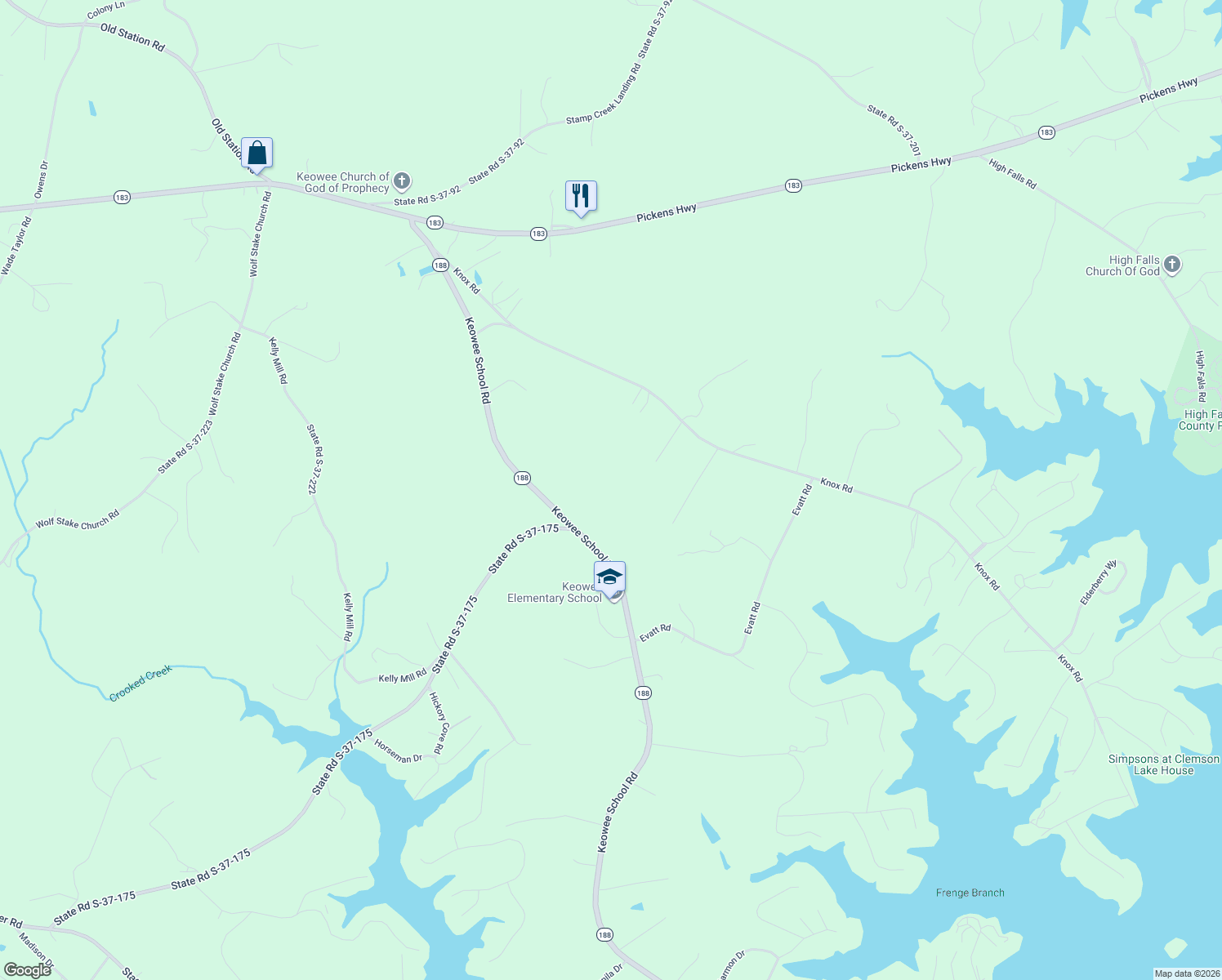 map of restaurants, bars, coffee shops, grocery stores, and more near Keowee School Road in Seneca