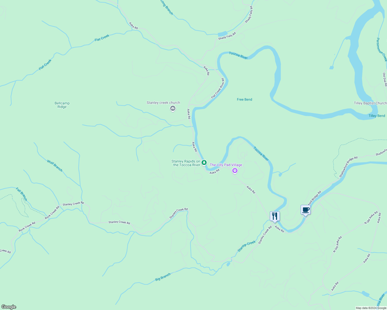 map of restaurants, bars, coffee shops, grocery stores, and more near 20 River Bend Lane in Blue Ridge