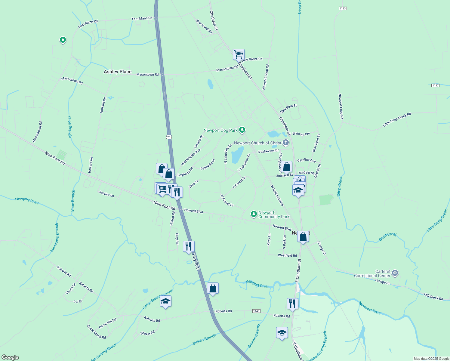 map of restaurants, bars, coffee shops, grocery stores, and more near 2857 Easy St in Newport