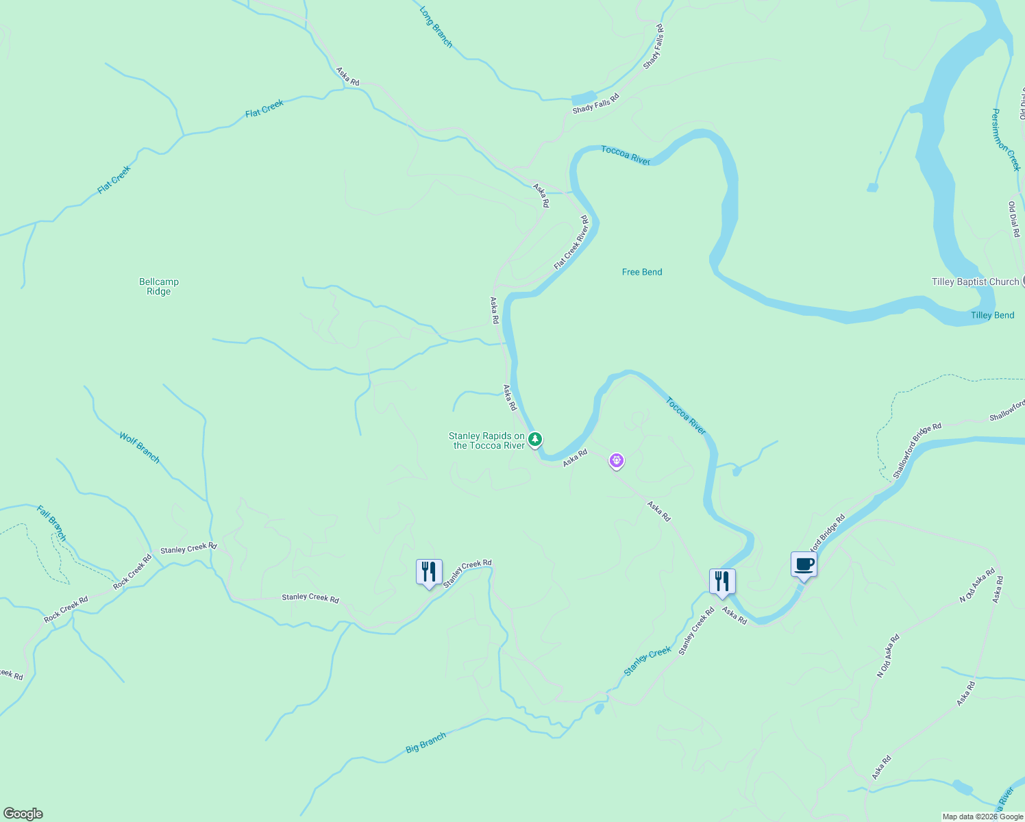 map of restaurants, bars, coffee shops, grocery stores, and more near 20 River Bend Lane in Blue Ridge