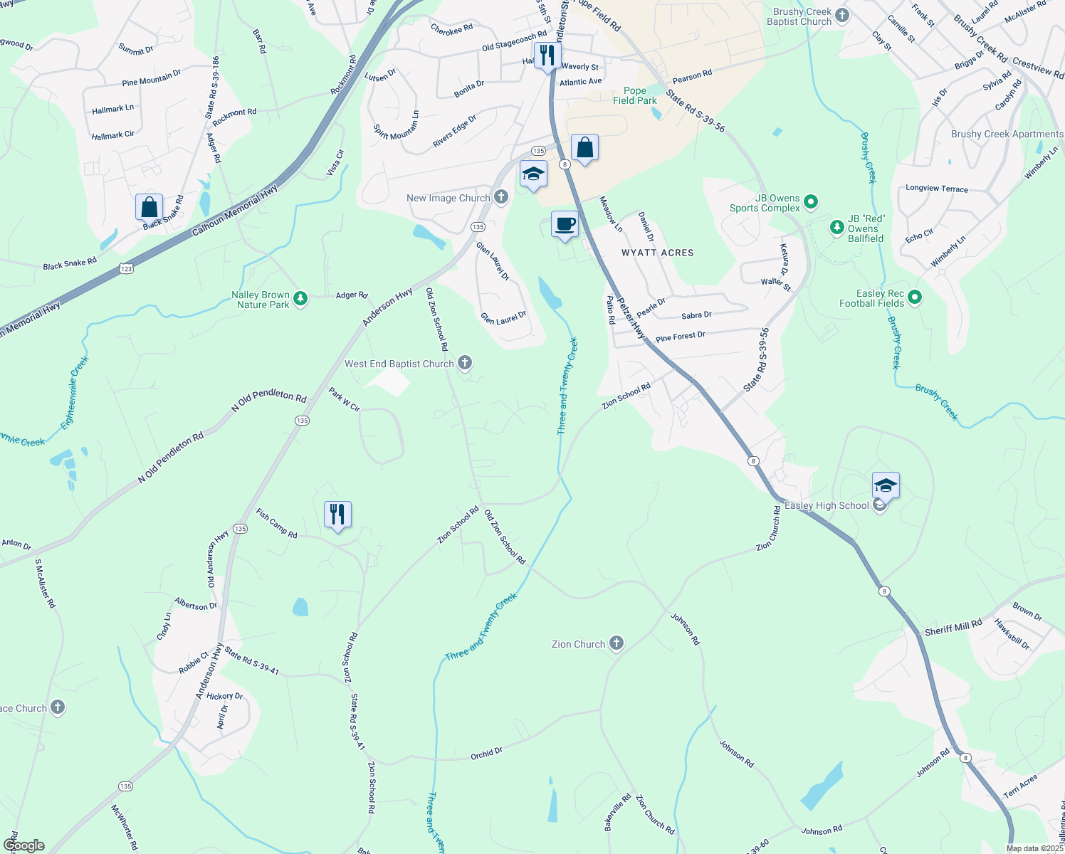 map of restaurants, bars, coffee shops, grocery stores, and more near 324 Apple Hill Road in Easley