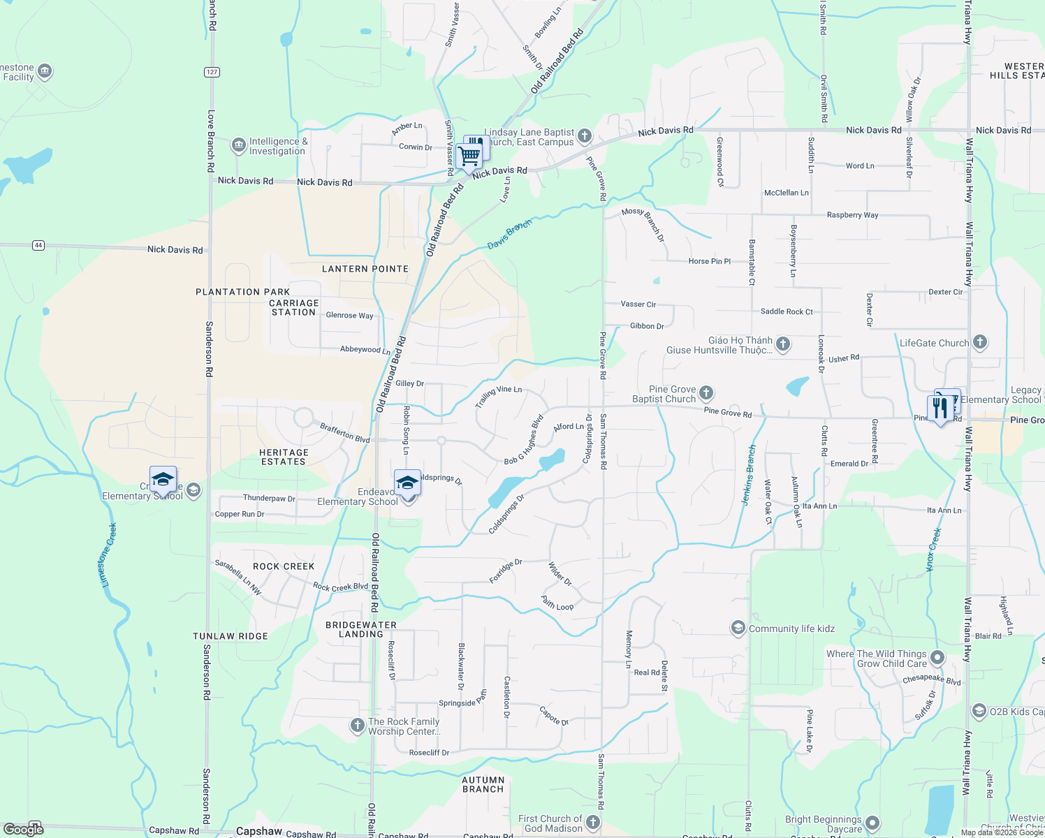 map of restaurants, bars, coffee shops, grocery stores, and more near 109 Gentle River Road in Harvest