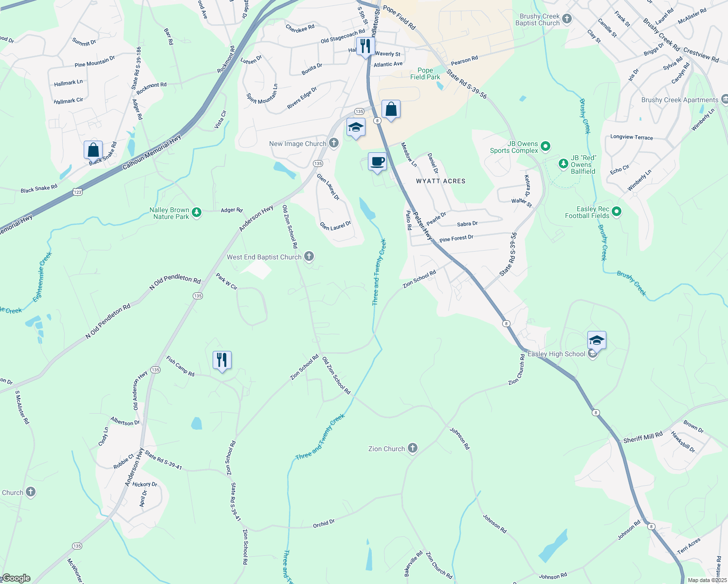 map of restaurants, bars, coffee shops, grocery stores, and more near 324 Apple Hill Road in Easley